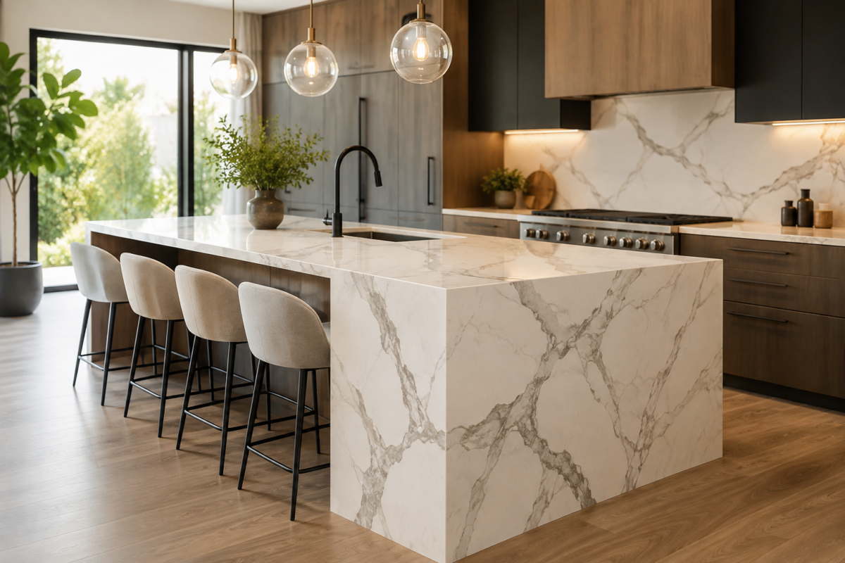 Waterfall Kitchen Island Cost in Canada: Is It Worth It? Modern waterfall kitchen island with quartz countertop in a Canadian home