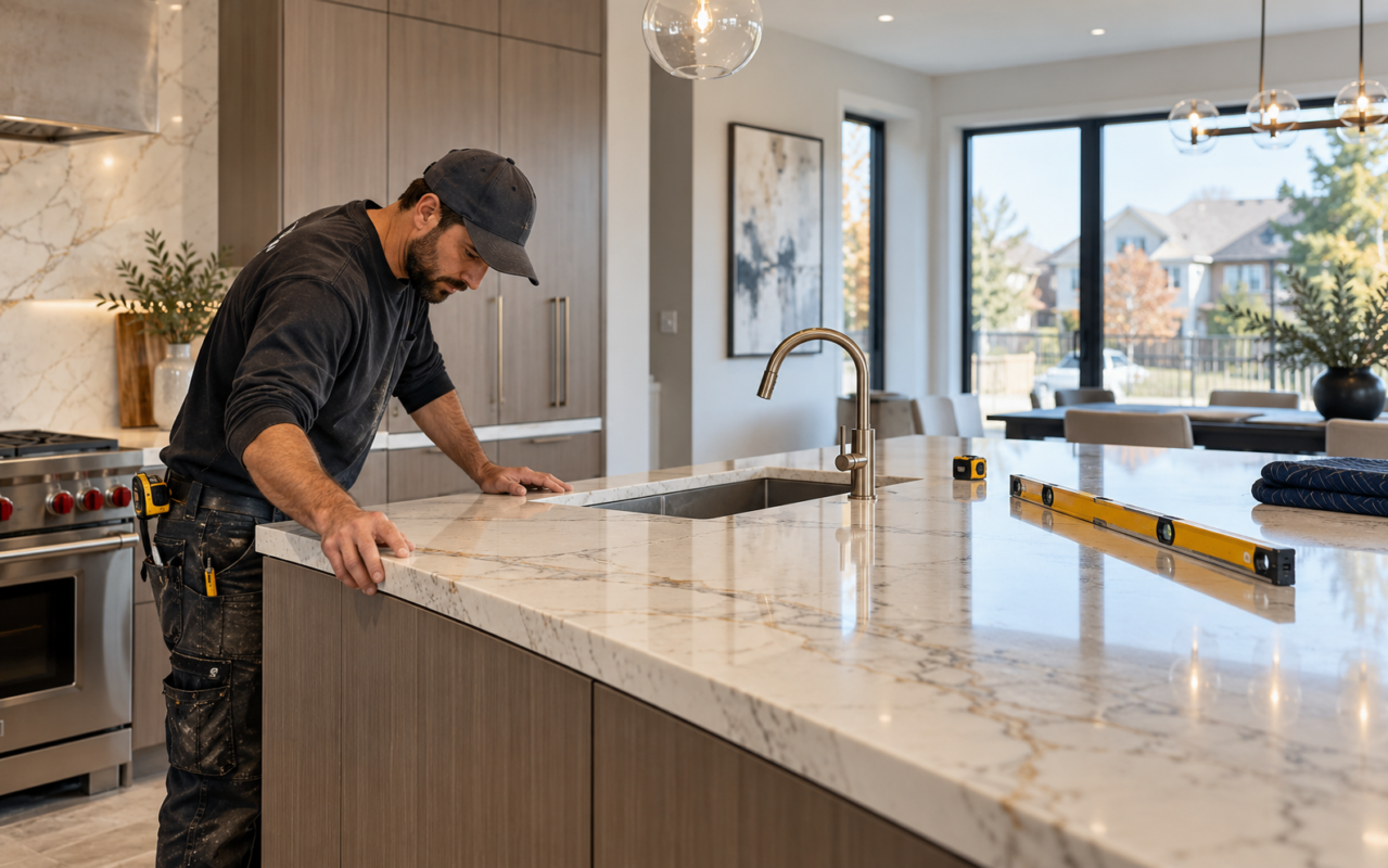 Stone fabricator checking a custom kitchen countertop installation in a Mississauga home