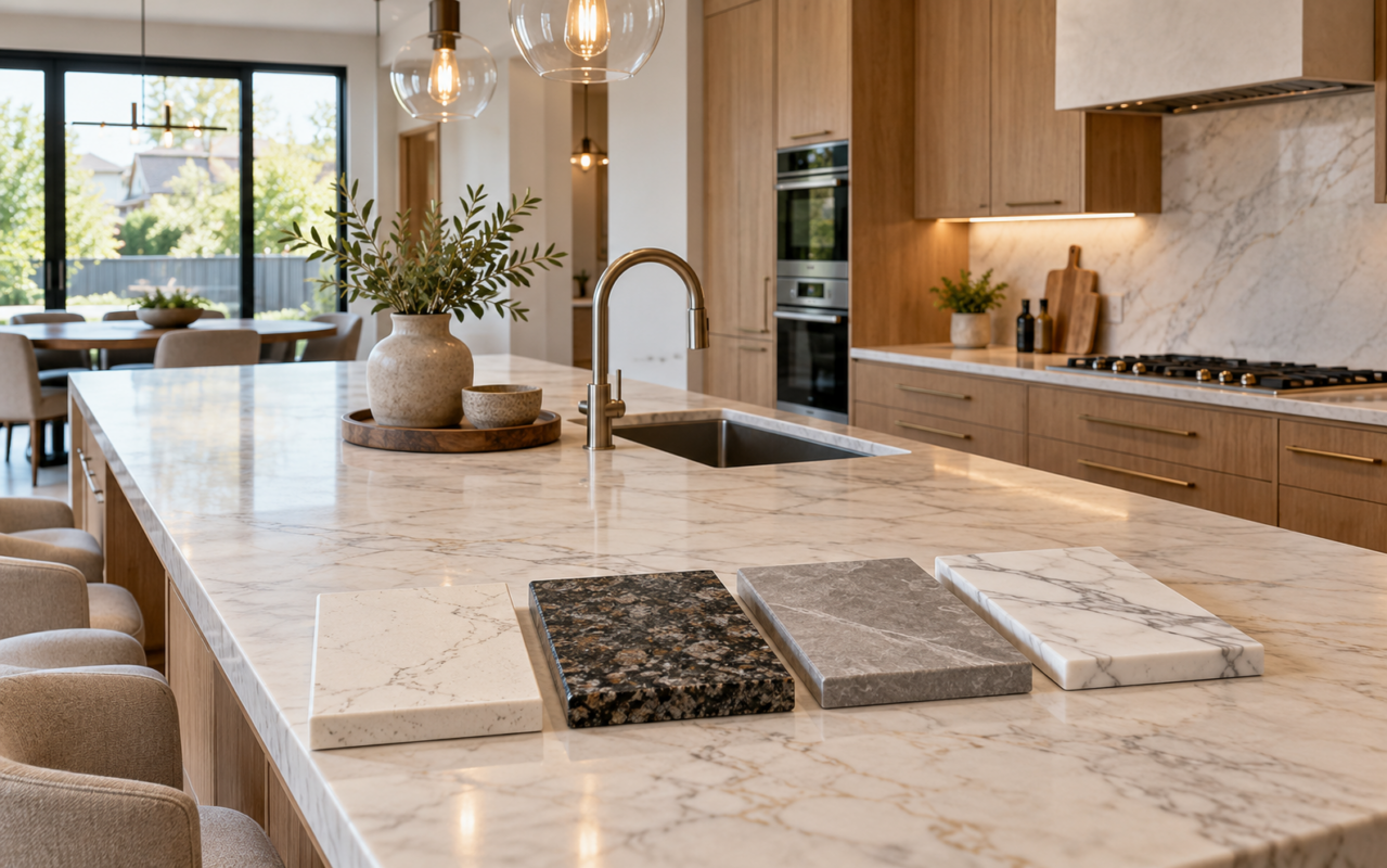 Contemporary Toronto kitchen with a custom stone island and countertop material samples